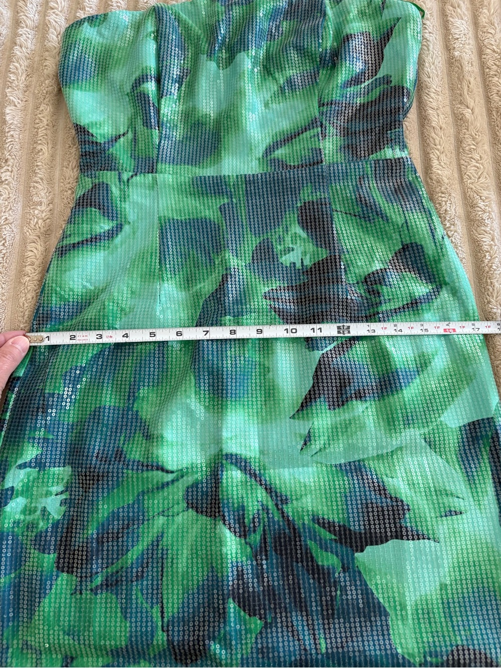 Strapless green and blue sequin floral dress - Picture 13 of 14
